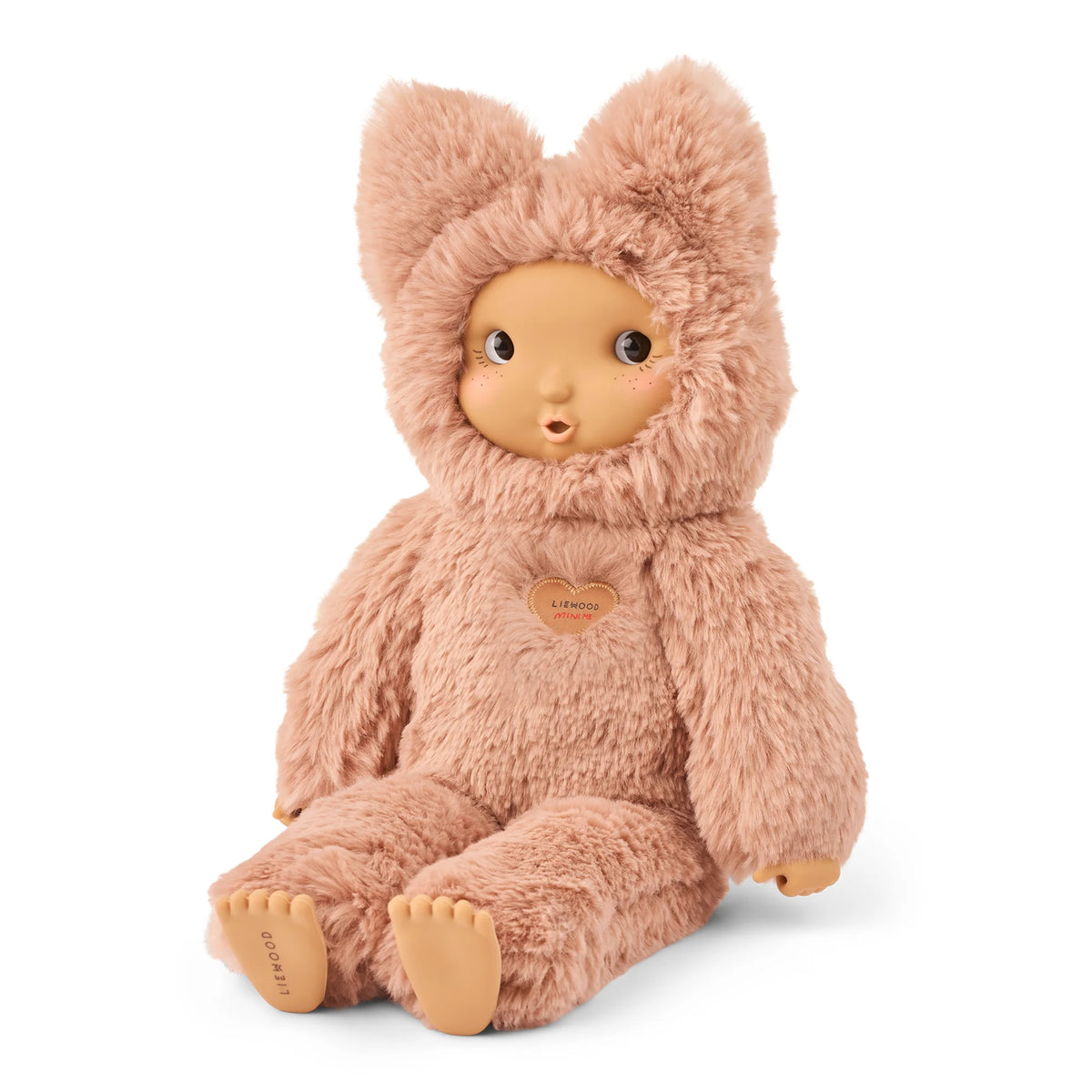Pale Tuscany pink Liewood Misa Cleo plush doll with soft silicone face, fox ears, seated full view.