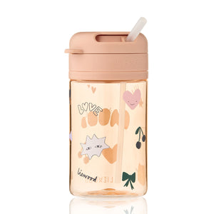 A 500ml clear liewood tritan straw cup featuring a peach coloured lid, a clear silicone straw, and a transparent body decorated with warm-toned graphics, including a cat and music notes.