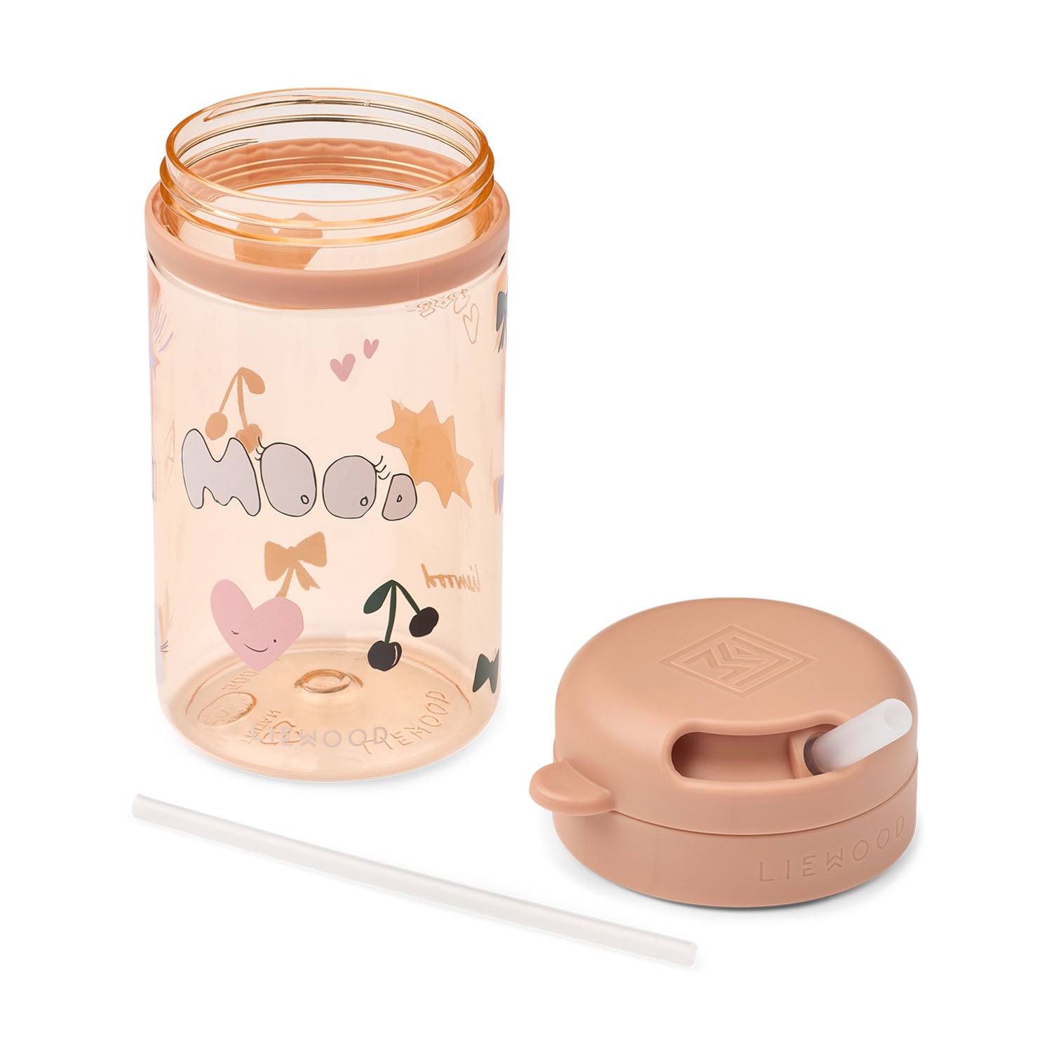 The liewood peach-colored straw cup shown disassembled with the lid placed on the table next to the clear illustrated bottle and straw insert.
