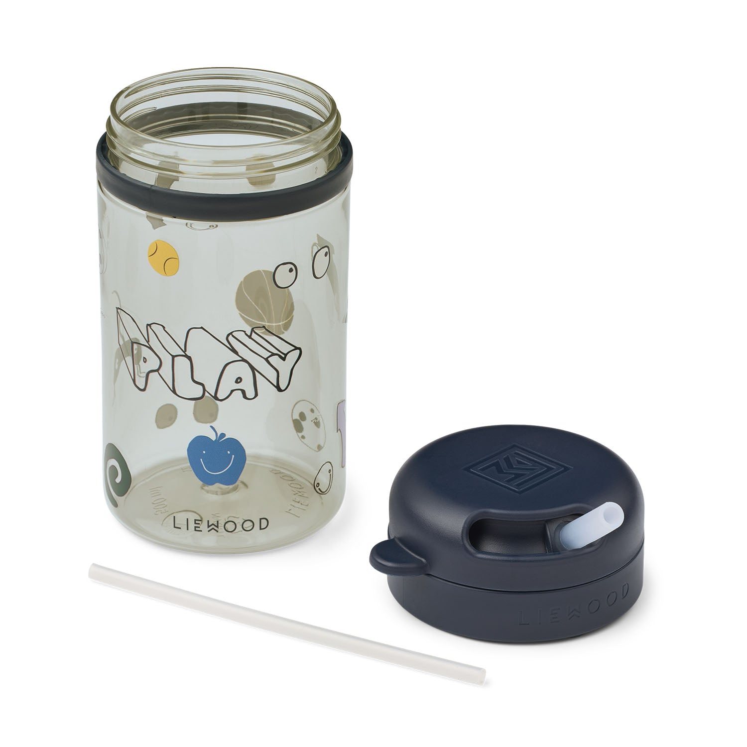 The liewood straw cup shown disassembled with the twist-and-lock lid removed and placed beside the clear tritan bottle, exposing the internal silicone straw mechanism