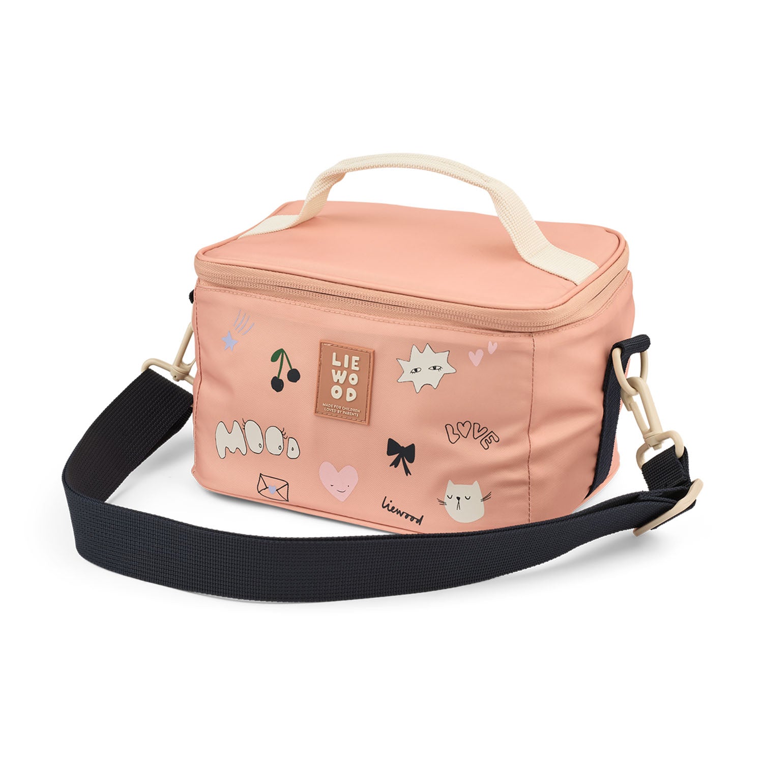 A mood pale tuscany rectangular insulated lunch bag featuring small, playful illustrations, a cream-colored top handle, and a thick, adjustable black shoulder strap with gold-toned metal clasps.
