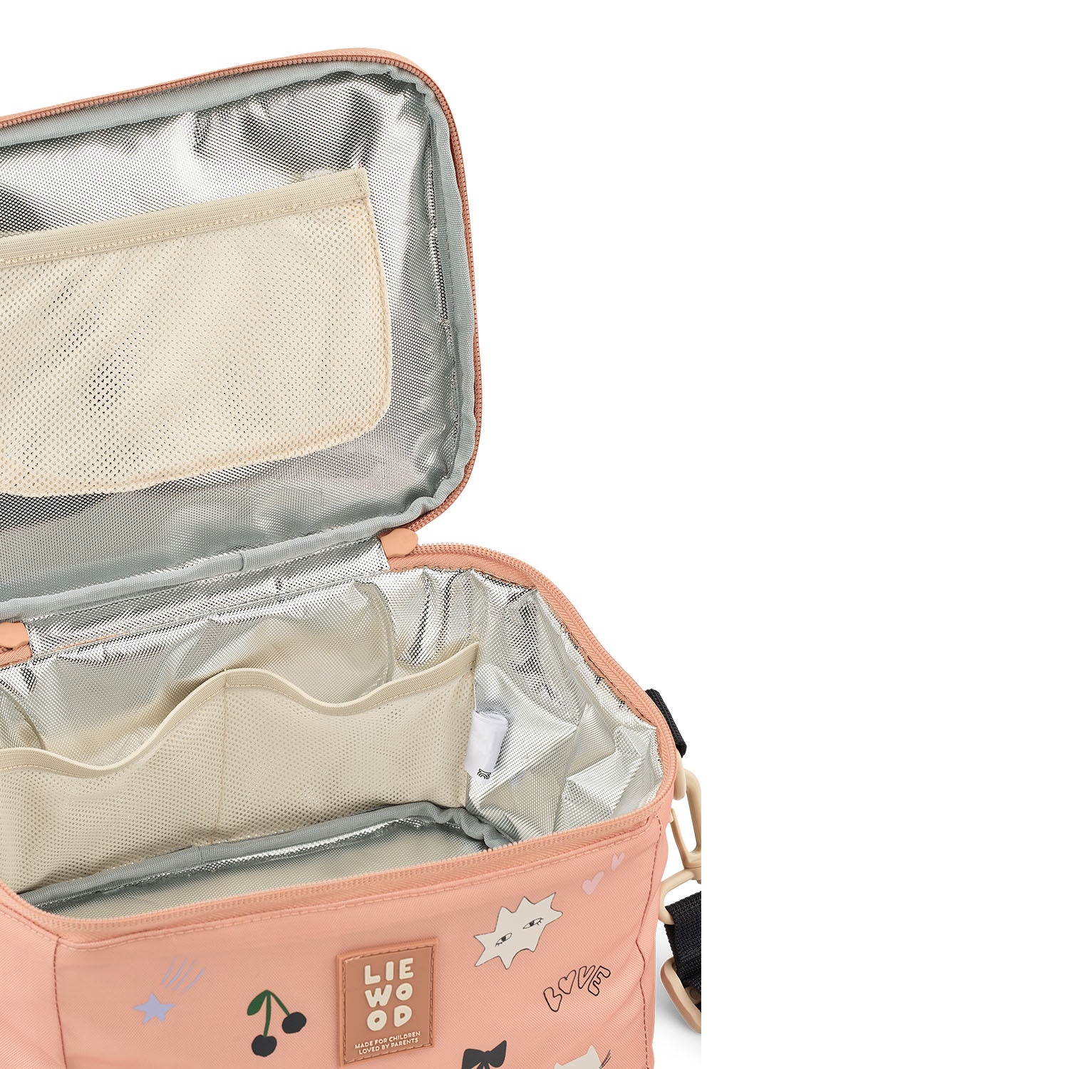 A close-up view of the mood pale tuscany lunch bag completely zipped open, revealing the clean, silver-colored thermal insulated interior lining and top mesh pocket.