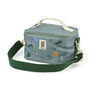 A play dusty peppermint rectangular insulated lunch bag with a cream-colored top handle, an adjustable green shoulder strap, and an all-over pattern of subtle abstract shapes