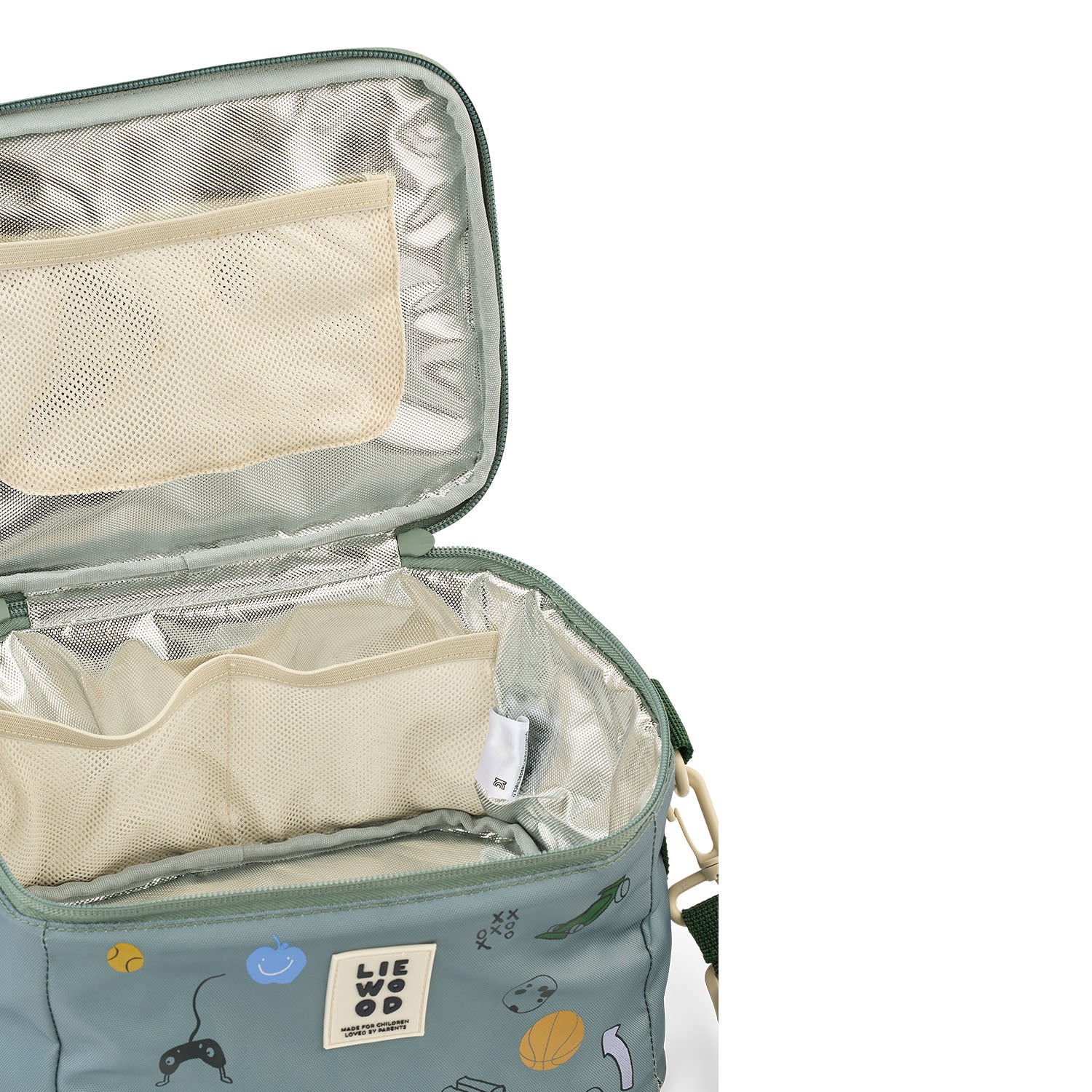 A close-up view of the play dusty peppermint lunch bag zipped wide open, showcasing the empty, reflective silver thermal lining and an elastic mesh storage pocket inside the lid.