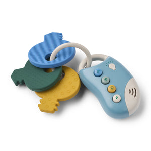 Liewood VROOM toy car keys in Beach Blue Multi Mix with 3 soft silicone keys and electronic keychain
