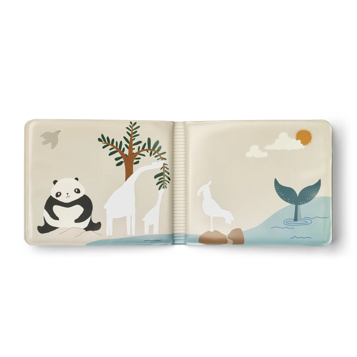 Liewood Waylon bath book open showing hidden animal and whale illustrations