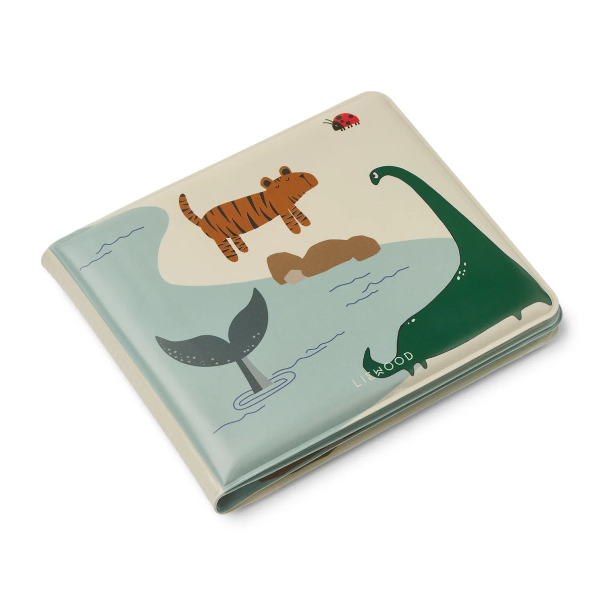 Liewood Waylon bath book with classic animal illustrations, sandy cover, showing tiger, dinosaur and whale design
