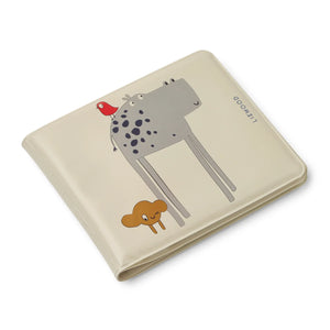 Liewood Waylon Magic Bath Book in Imagine Sandy, showing soft cream cover with animal illustrations