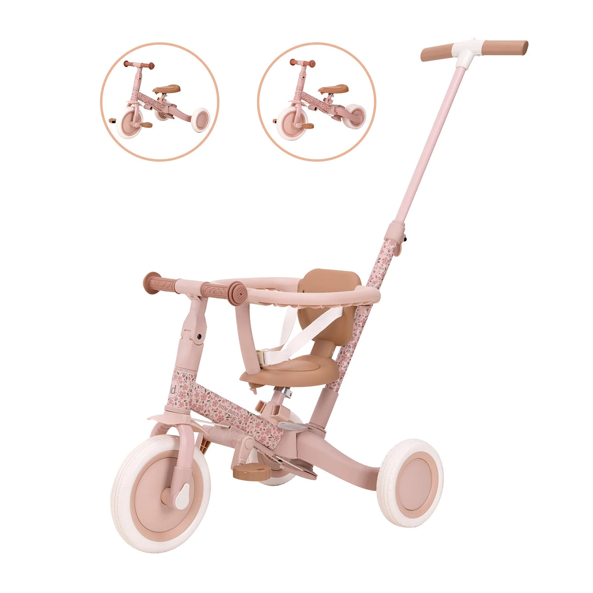  Diagram highlighting the conversion features of the pink Little Dutch 4-in-1 Tricycle, showing how it transforms from a three-wheel tricycle to a two-wheel balance bike.