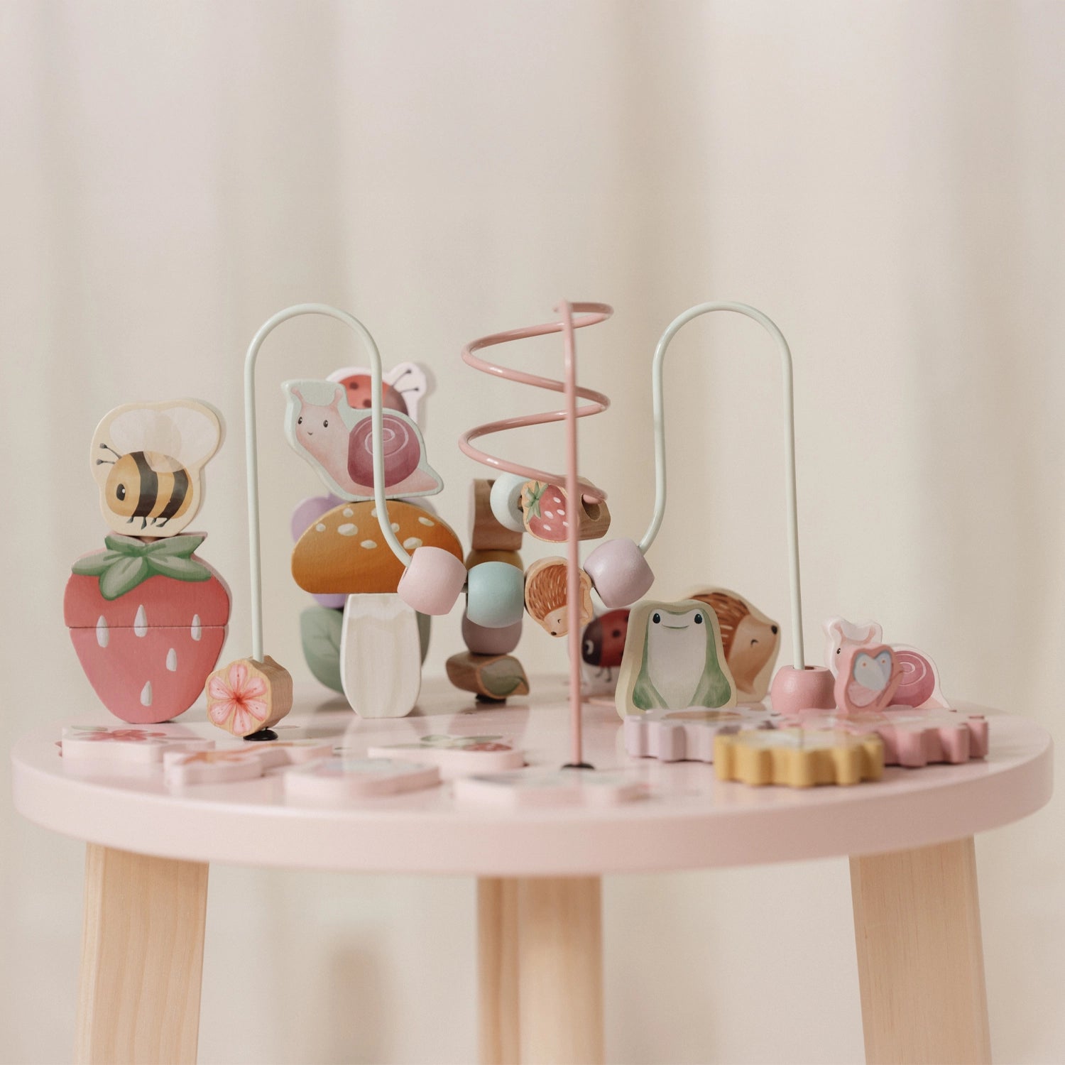 Wooden play table for indoor use.