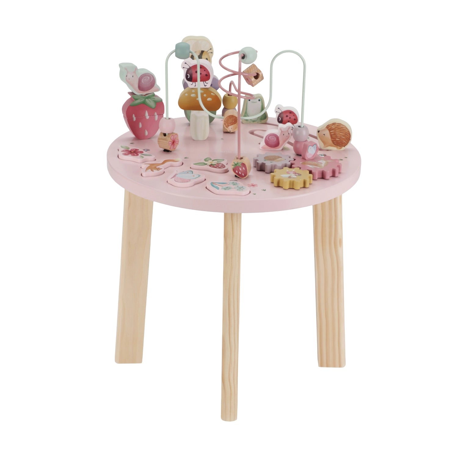 Pink children's play table with toy accessories on a white background