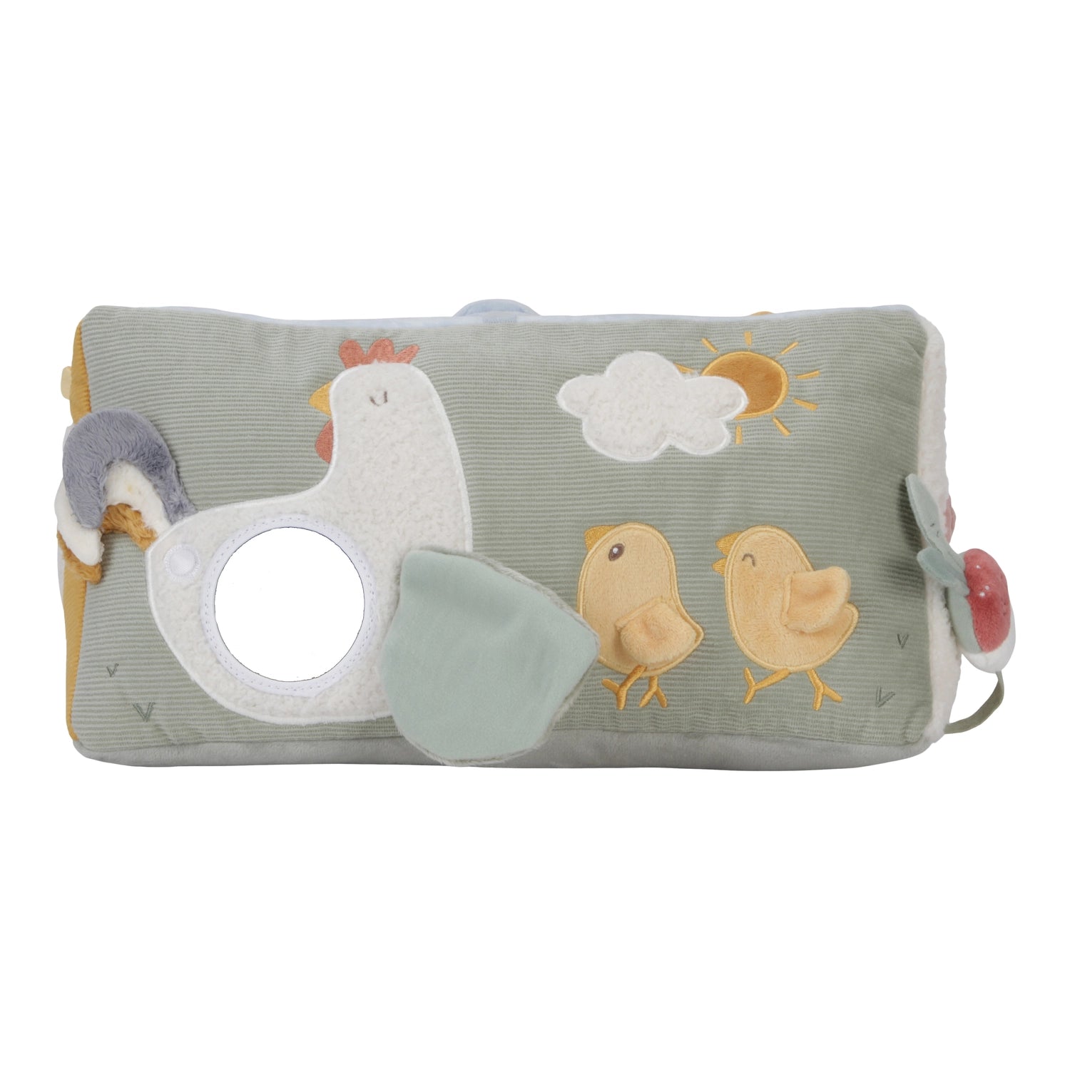 activity triangle with crinkling wings, mirror, and rattle watering can.