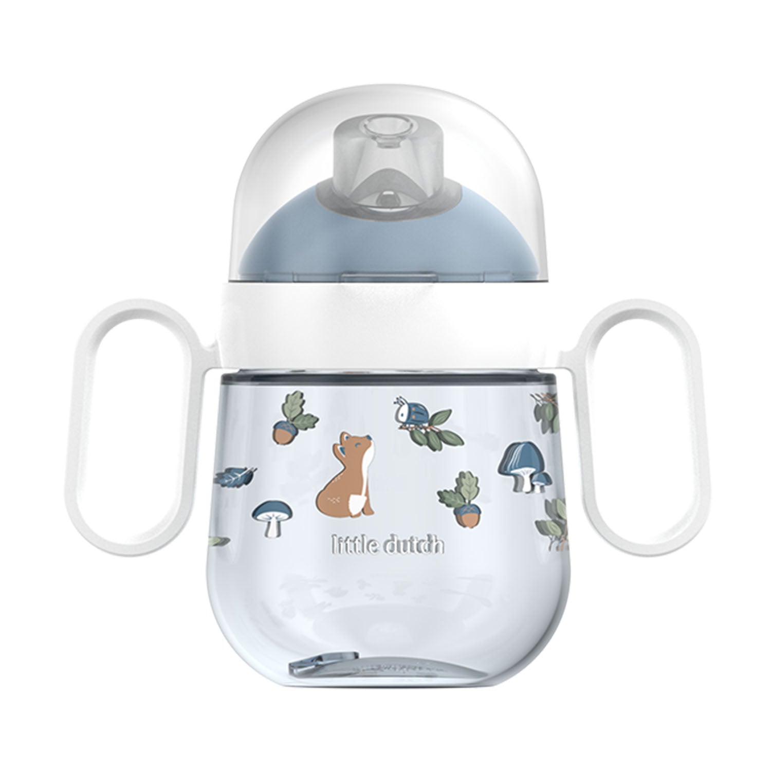 A clear Little Dutch 200ml antileak sippy cup with a light blue spout lid and white side handles, featuring a blue woodland animal "Forest Friends" design on the cup.