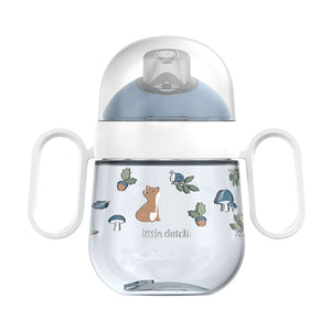 A clear Little Dutch 200ml antileak sippy cup with a light blue spout lid and white side handles, featuring a blue woodland animal "Forest Friends" design on the cup.