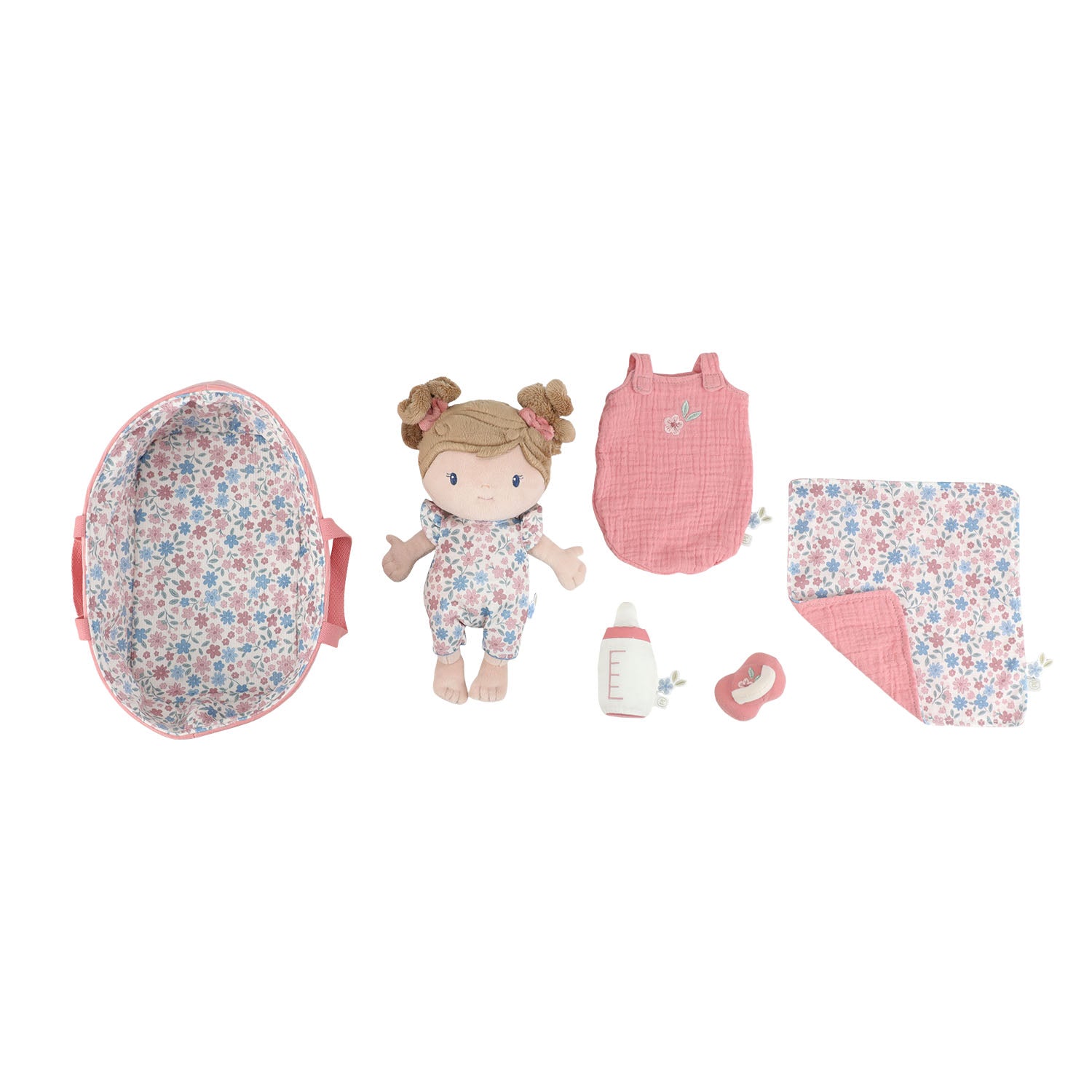 Little Dutch baby doll rosa with bottle, pacifier, carry basket and more.