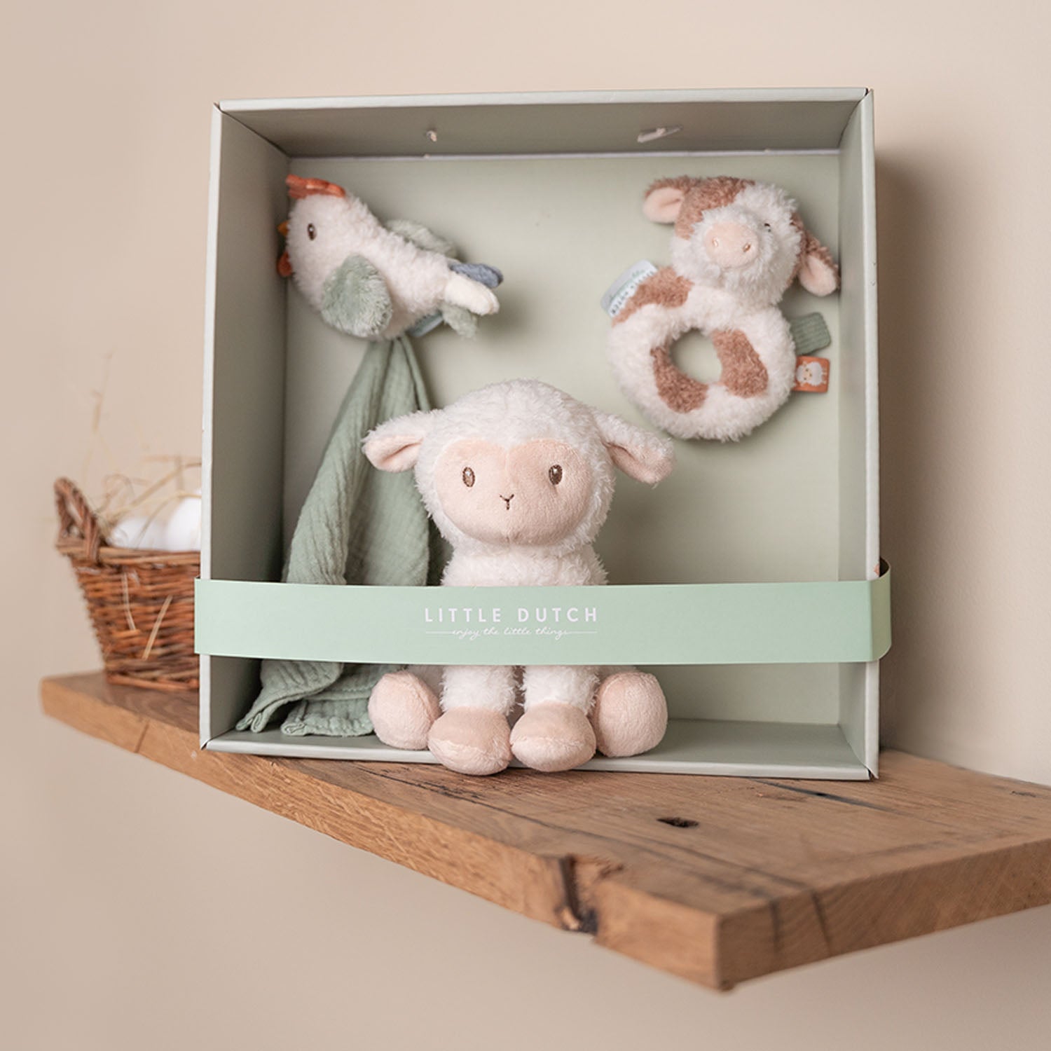 Open box of the Little Dutch Baby Gift Set revealing how the toys are neatly arranged inside.