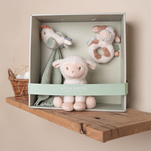 Open box of the Little Dutch Baby Gift Set revealing how the toys are neatly arranged inside.