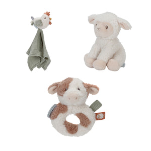 Soft green chick cuddle, sheep toy cloth and cow ring rattle included in the Little Dutch baby gift set.