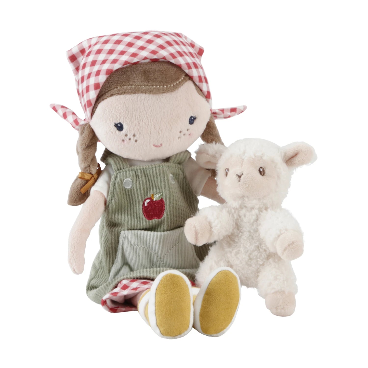 Full view of Farmer Rosa and her sheep on a white background