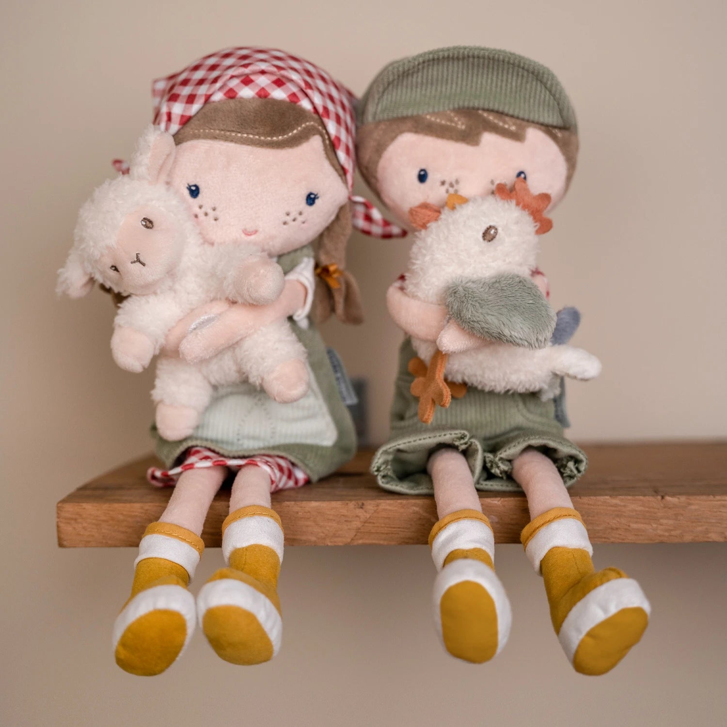Soft cuddle doll Farmer Rosa and Jim with white sheep and chicken.
