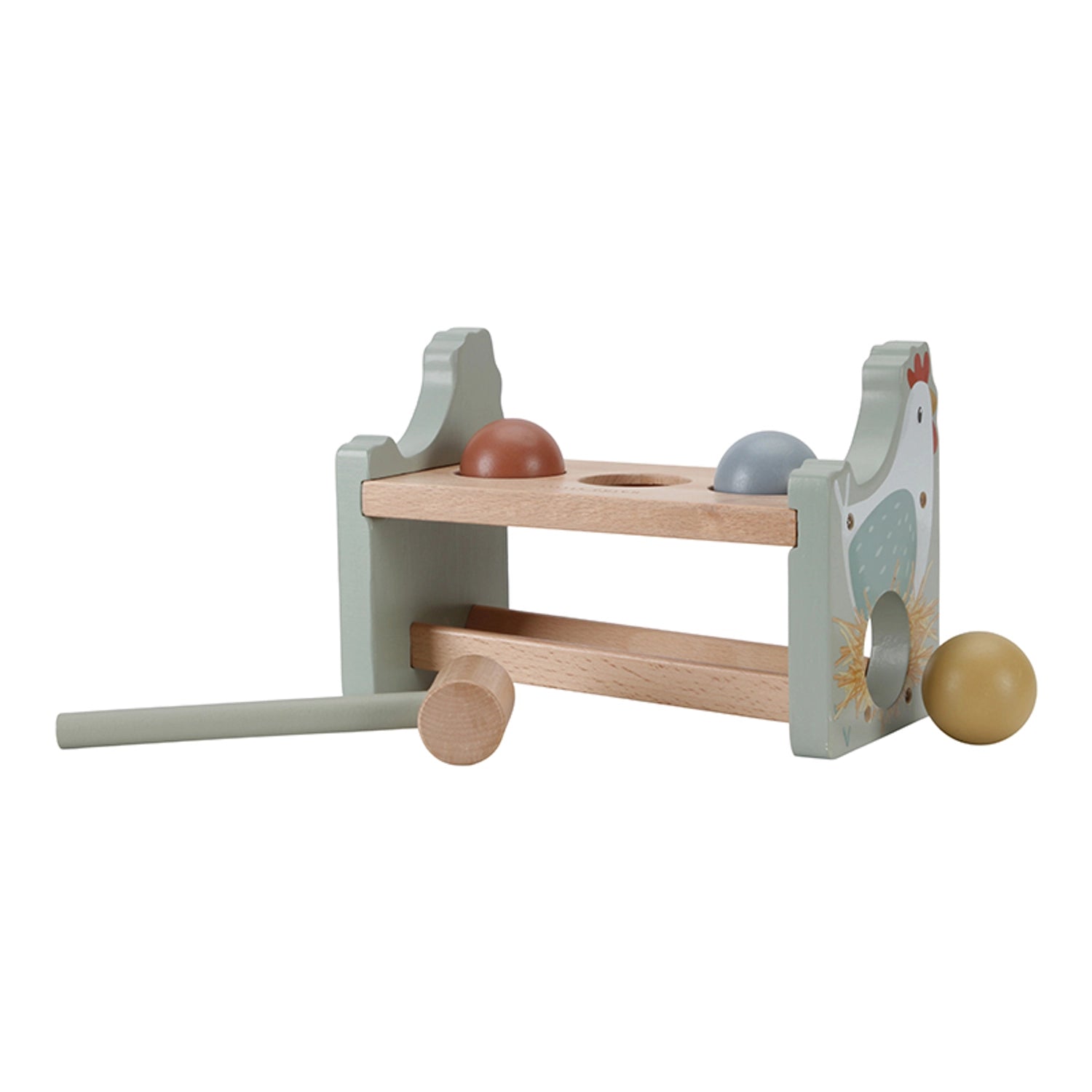 Green wooden hammer bench for kids.