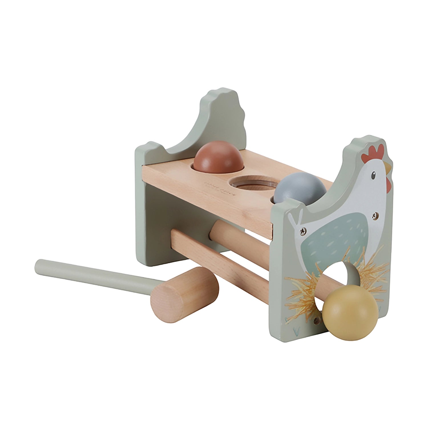Wooden toy with a chicken design and various components on a white background