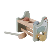 Wooden toy with a chicken design and various components on a white background