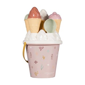 Sturdy pink bucket holding water and toy ice cream cones.