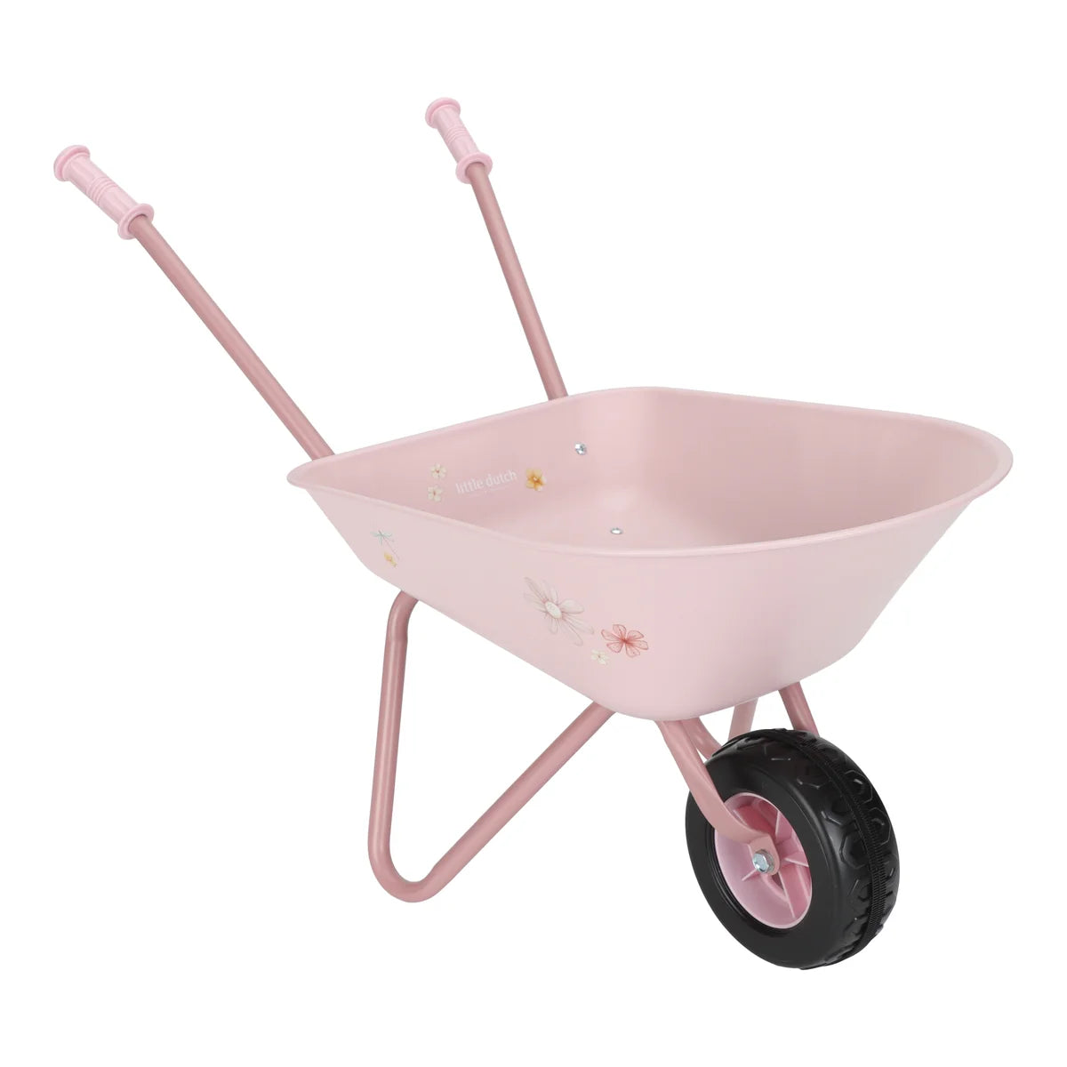 Little dutch kids’ pink wheelbarrow toy with a gentle color palette and decorative garden-inspired graphics