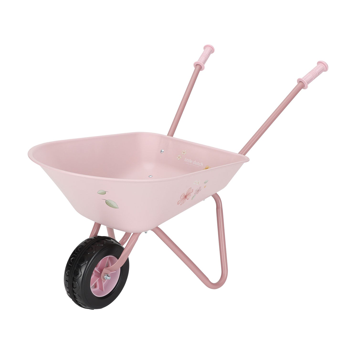 Child-sized pastel pink wheelbarrow featuring whimsical fairy garden artwork and a sturdy frame.