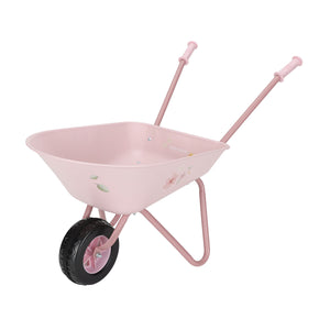 Child-sized pastel pink wheelbarrow featuring whimsical fairy garden artwork and a sturdy frame.