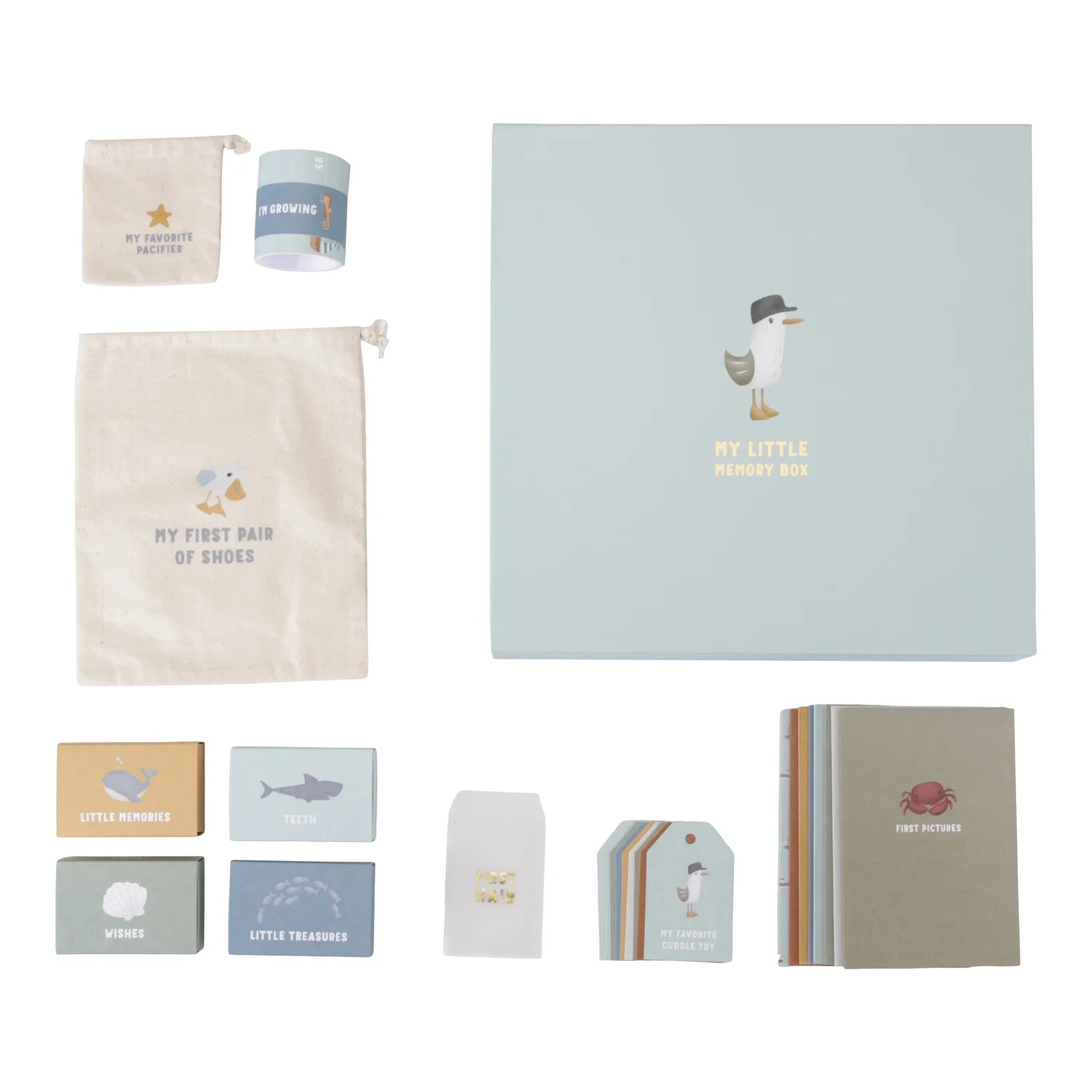 Display of all items included in the Sailors Bay memory box