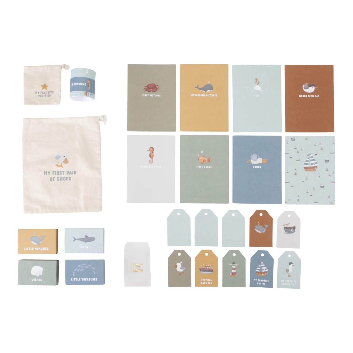 Memory box with cards, labels, and small containers arranged neatly.