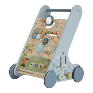 Side view of the multi activity baby walker in a white background.
