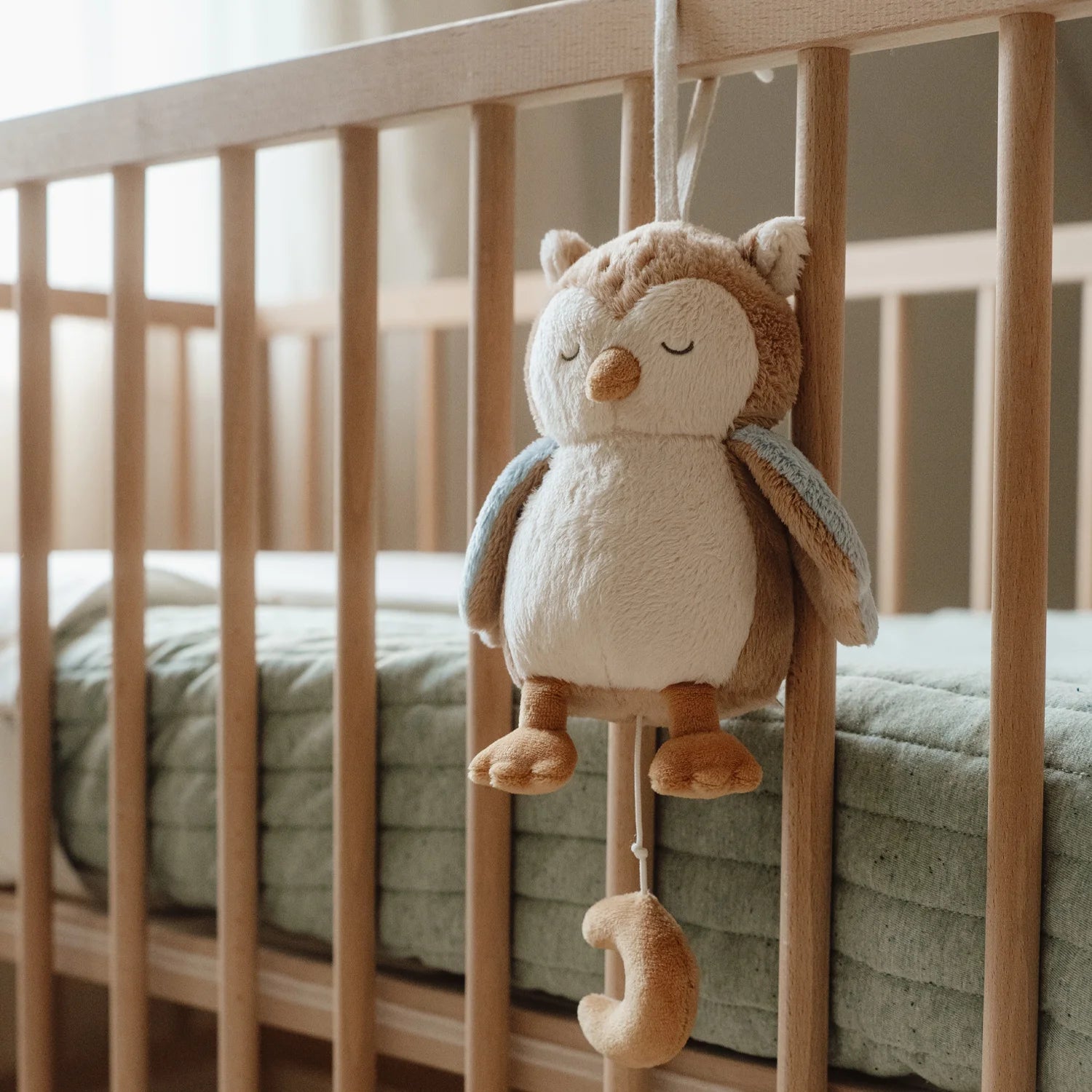 Woodland-themed nursery decor with owl music box.