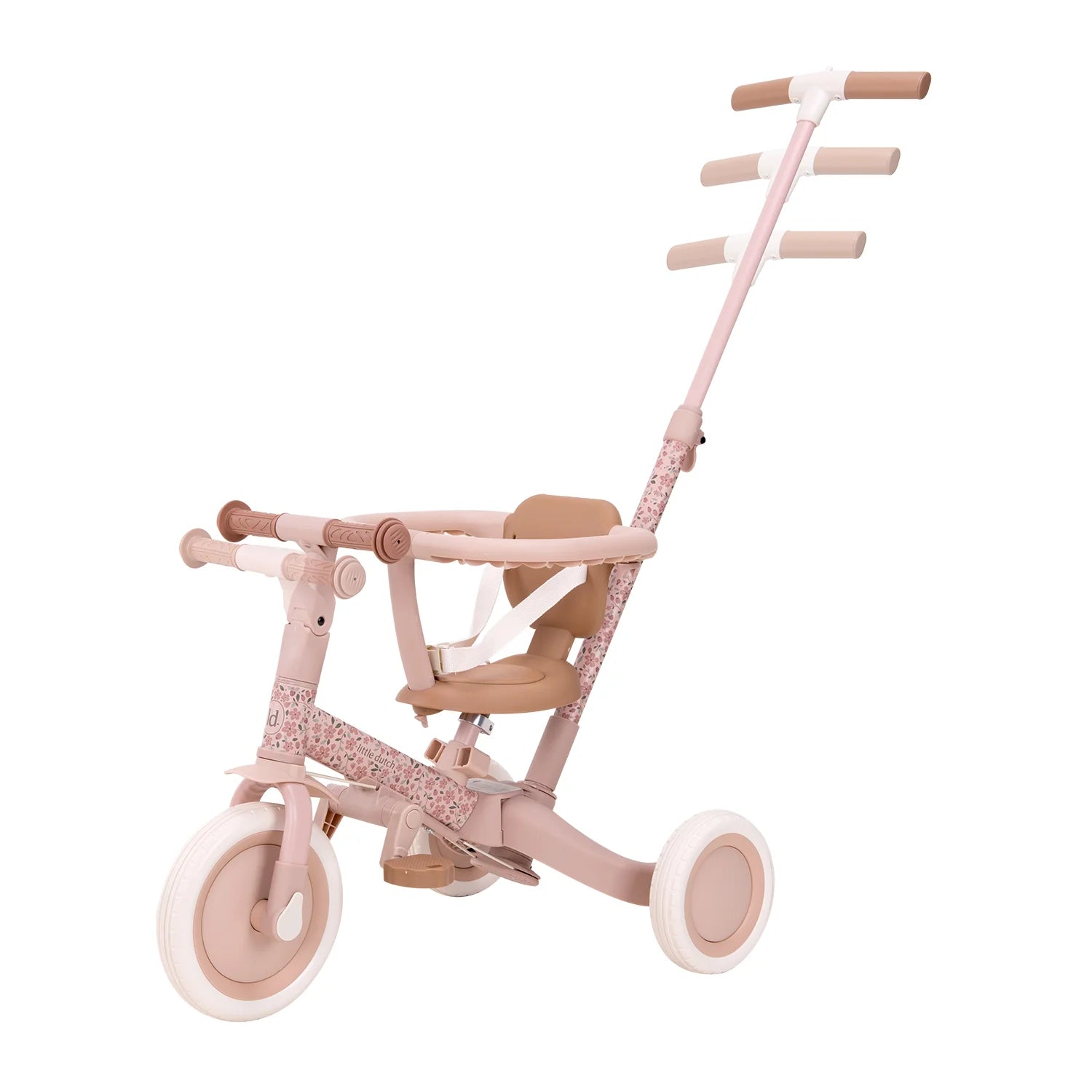 Studio graphic of the Little Dutch 4-in-1 Tricycle in pink illustrating the multiple height settings of the adjustable and removable parent push bar.