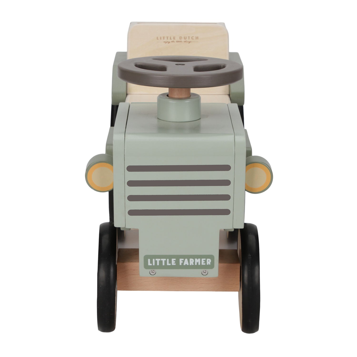 Front view of wooden Little Dutch tractor with steering wheel.