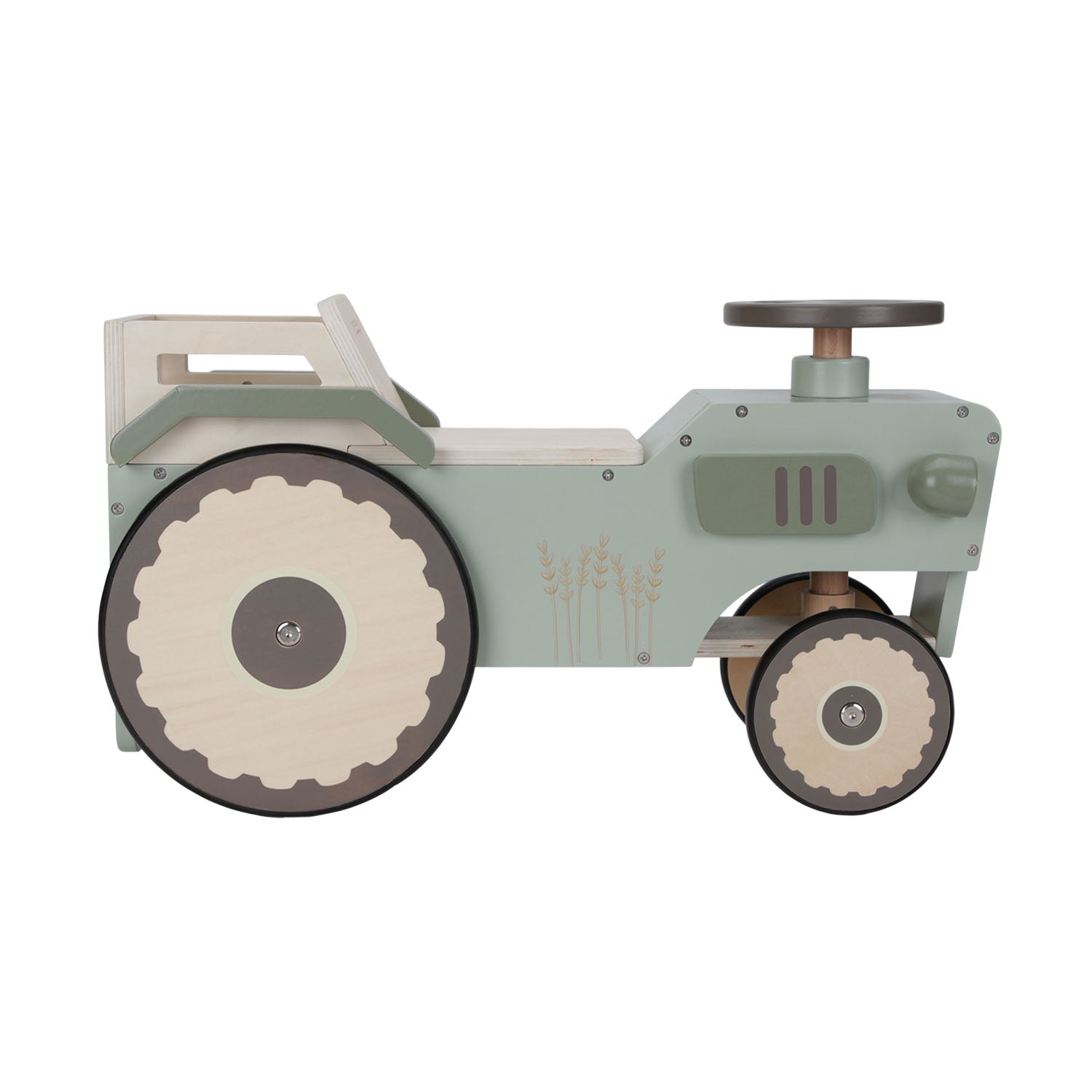 Wooden tractor toy with small cargo box for toys.