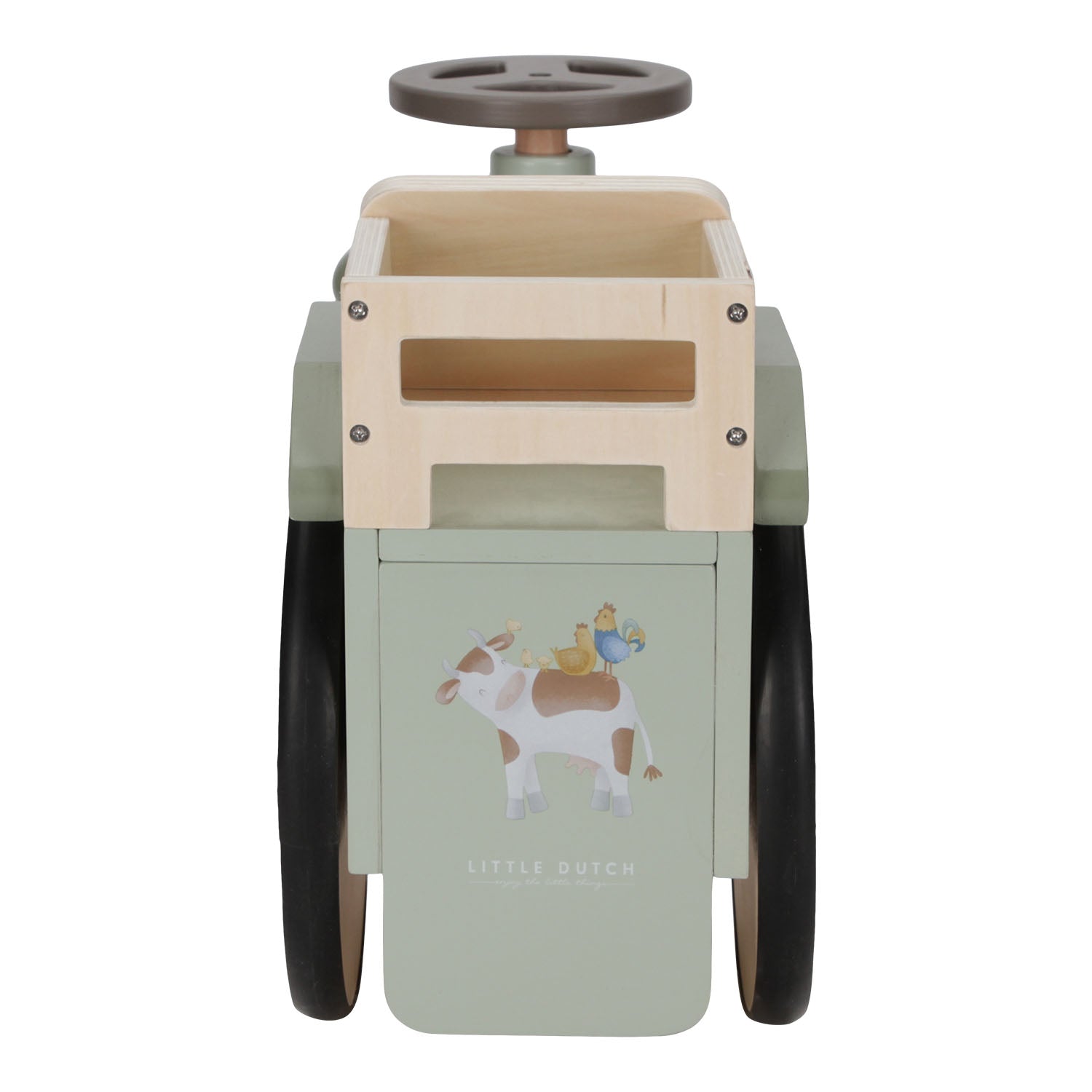 Farm-themed wooden tractor toy for balance and play.