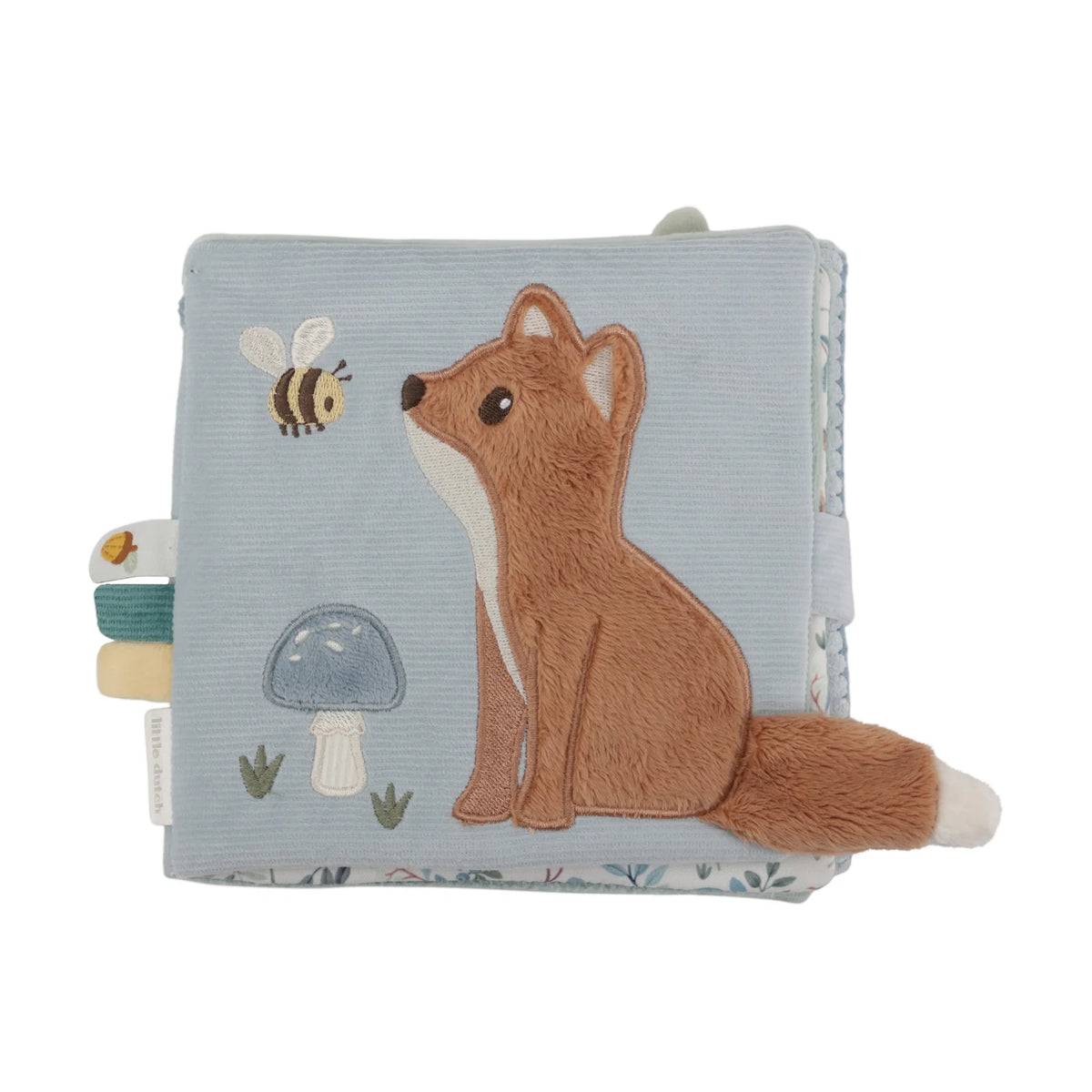 A soft activity book for babies with an image of a fox and a bee on the cover.