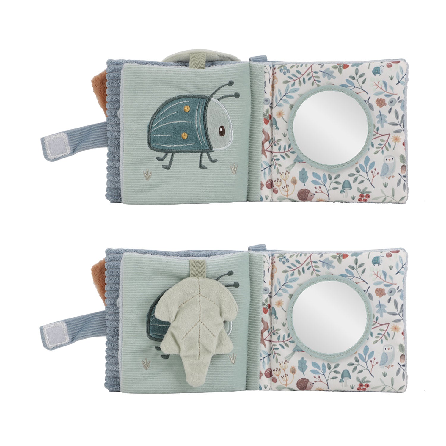 Colorful fabric booklet with cute animal illustrations, textured pages and mirror  for sensory play.