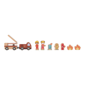 Close-up of Little Dutch fire station accessories and flames.