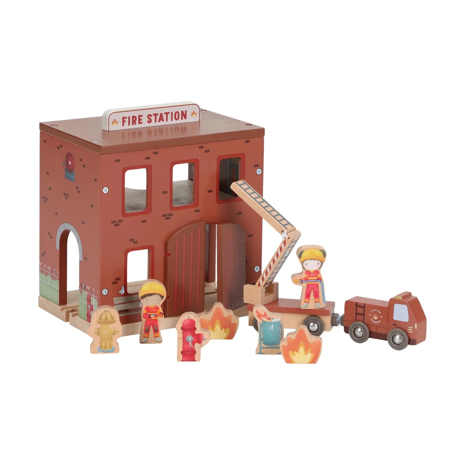 Little dutch wooden toy fire station with firefighters and a fire truck on a white background