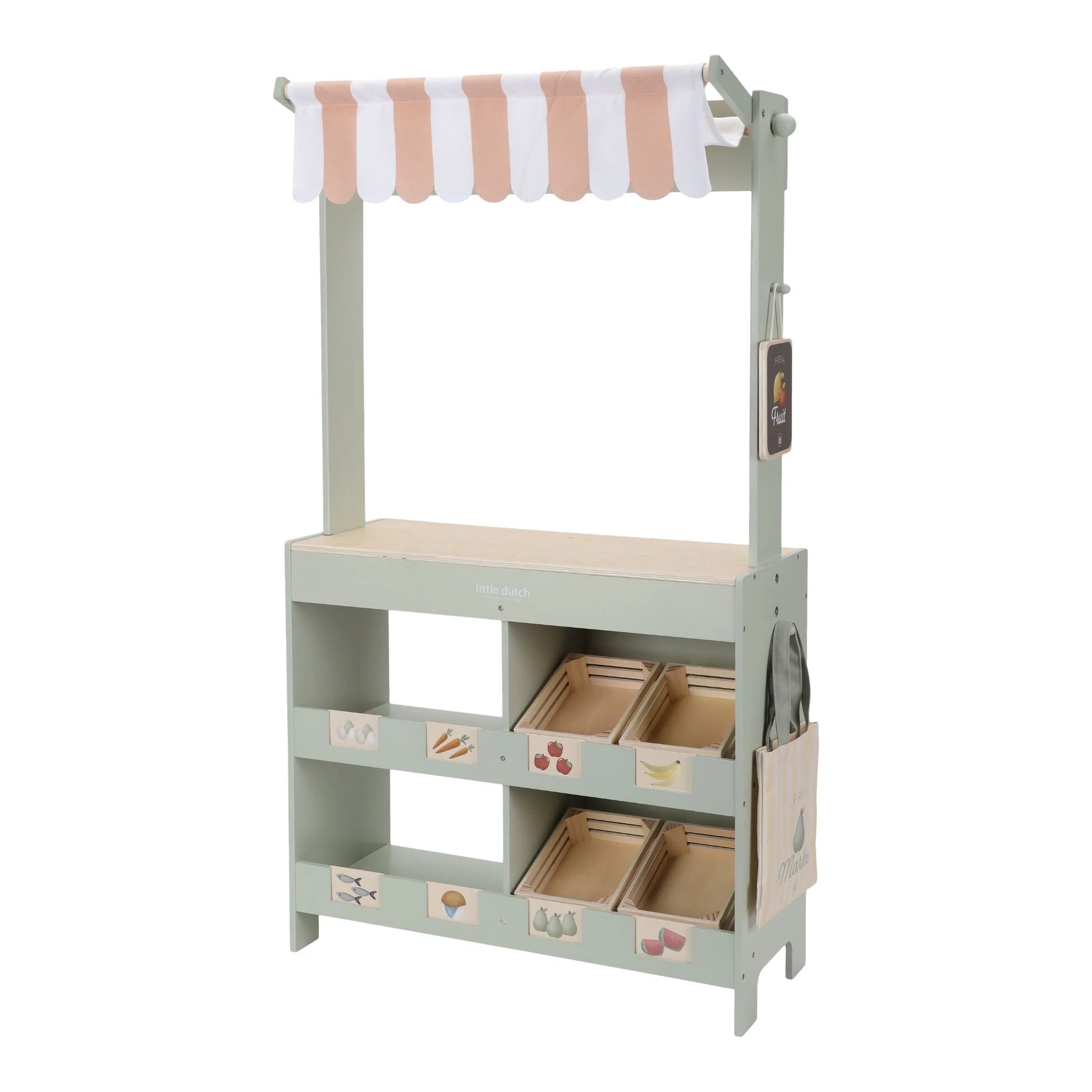 Children's toy storage unit with shelves and bins on a white background