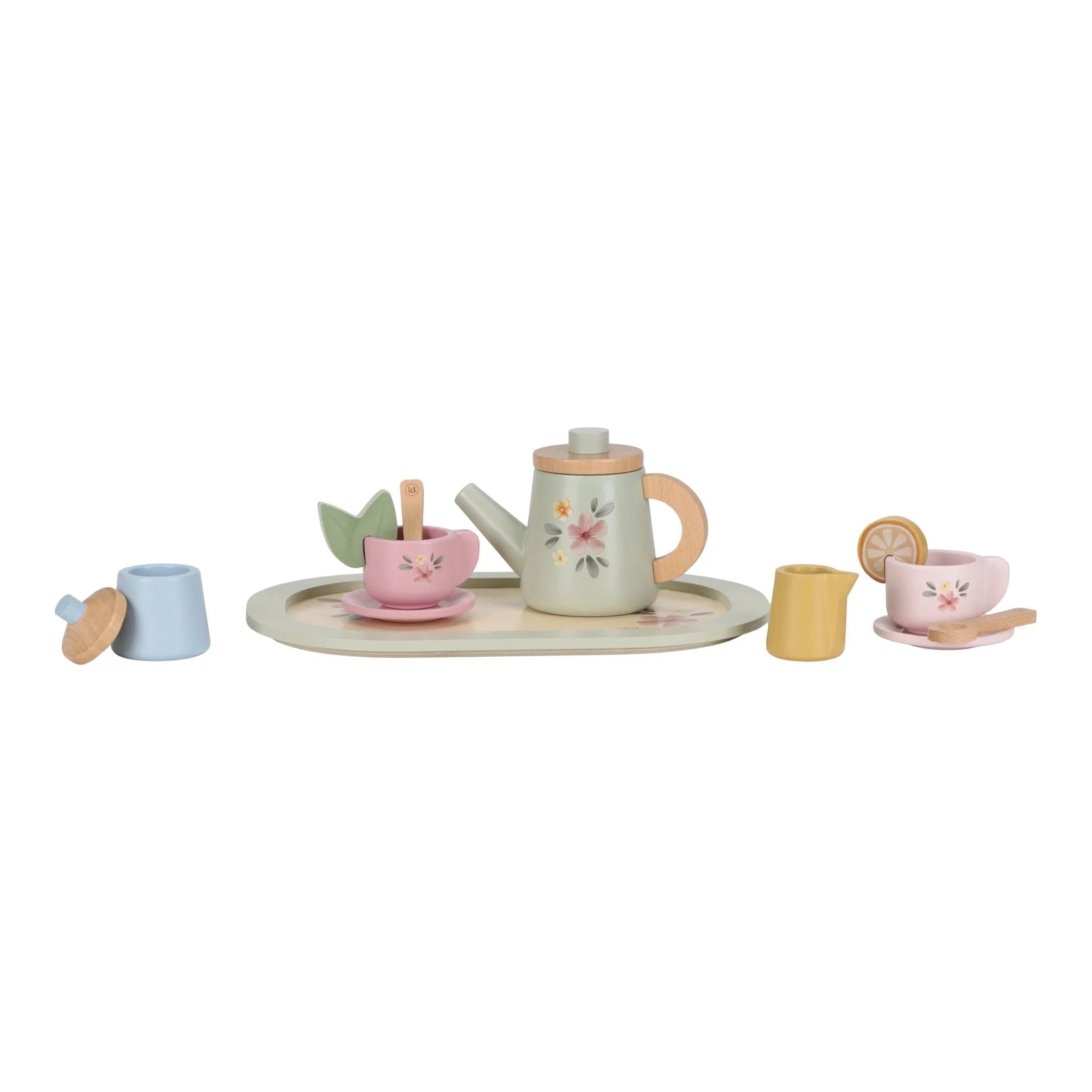 Tea cups, milk jug, and sugar pot on wooden tray