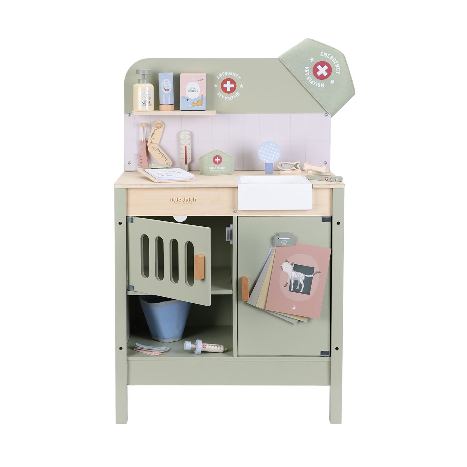 Front view showing playset layout and pretend vet tools