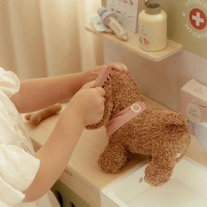 Child using the comb to groom toy pets at the vet clinic.