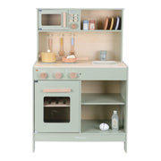 Little dutch play kitchen set in mint colour with various accessories on a white background.