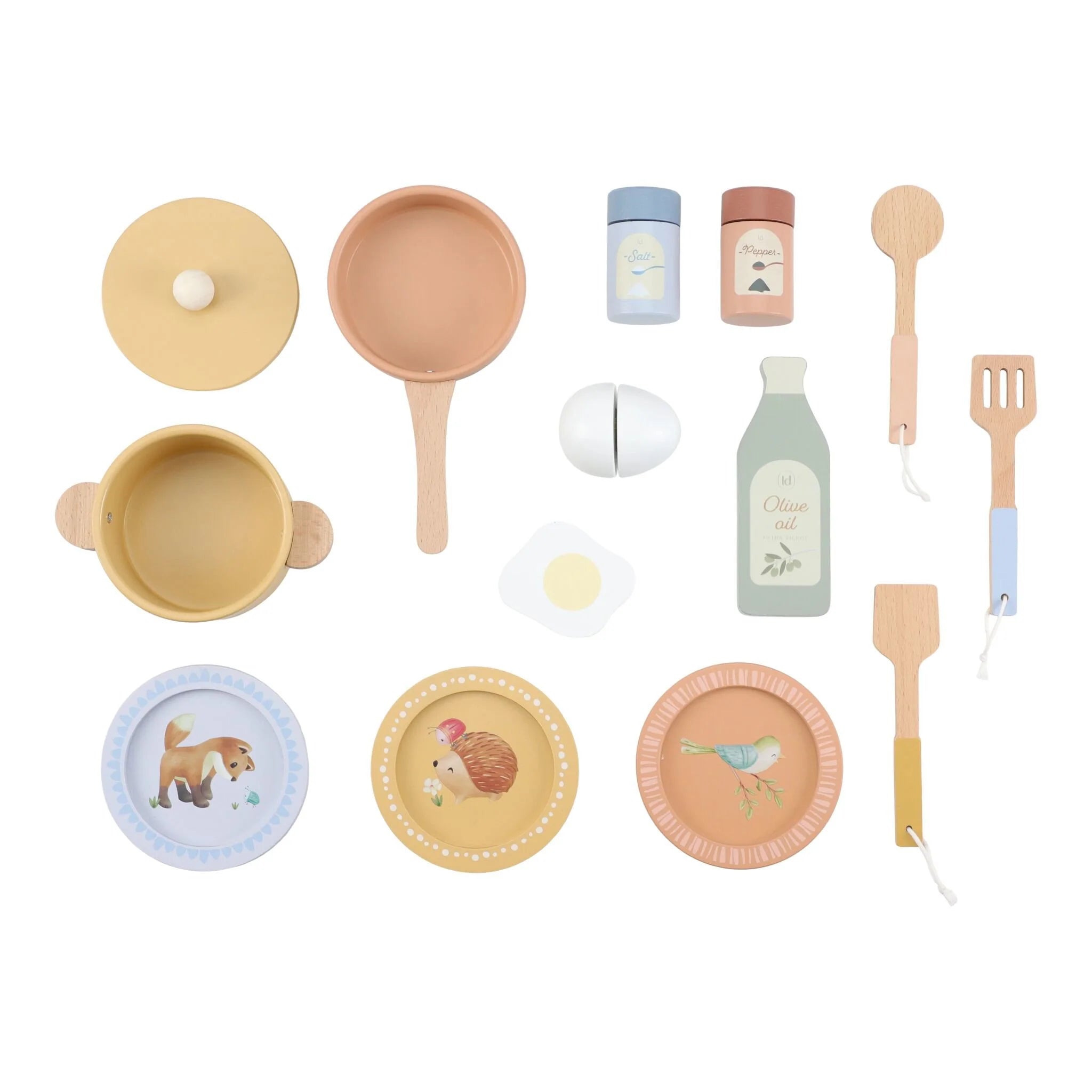 Set of little dutch kitchen playset with various utensils and dishes on a white background