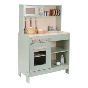 Children's play kitchen set with various accessories on a white background